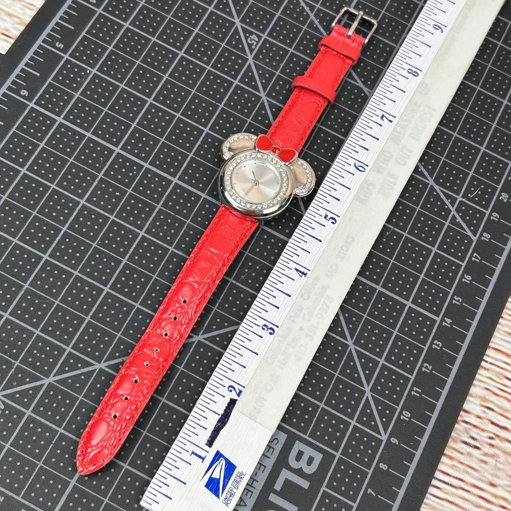 Disney Store Minnie Mouse Watch Red Leather Rhinestone Silver Tone‎ Never Worn